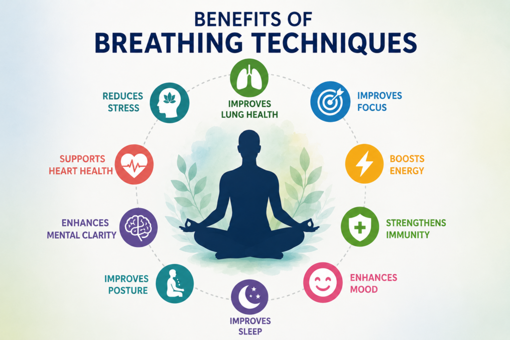 Breathing techniques promote relaxation, better sleep, improved concentration, and stronger lung capacity for overall well-being.
